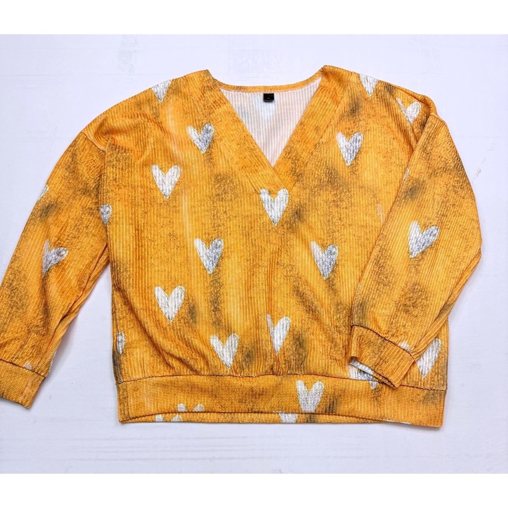Orange Heart Print Waffle Knit V-Neck Sweater Acid Wash Relaxed Fit XL